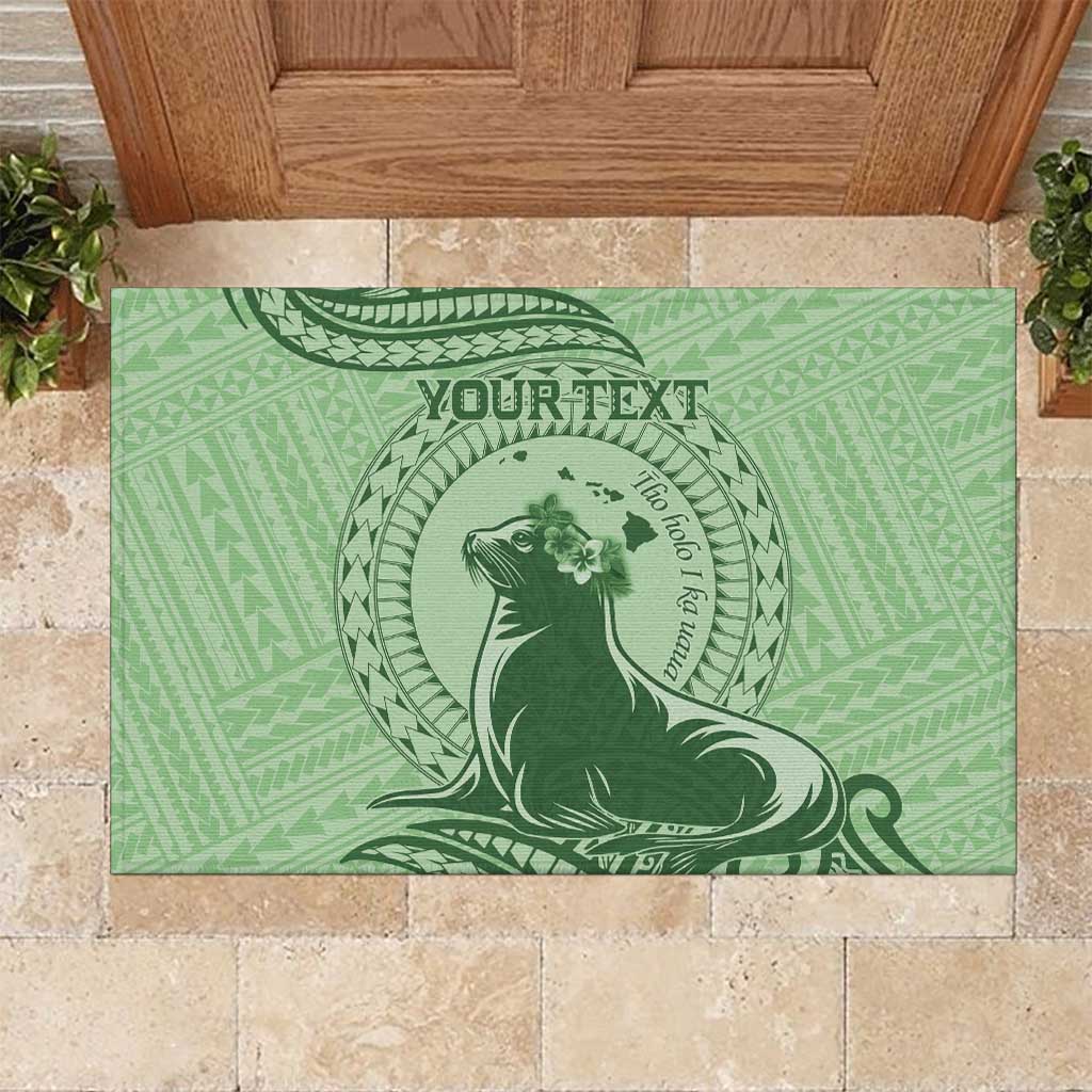 Personalised Hawaii Monk Seal Rubber Doormat Polynesian Tattoo With Tropical Flowers - Green Pastel LT14 Green - Polynesian Pride