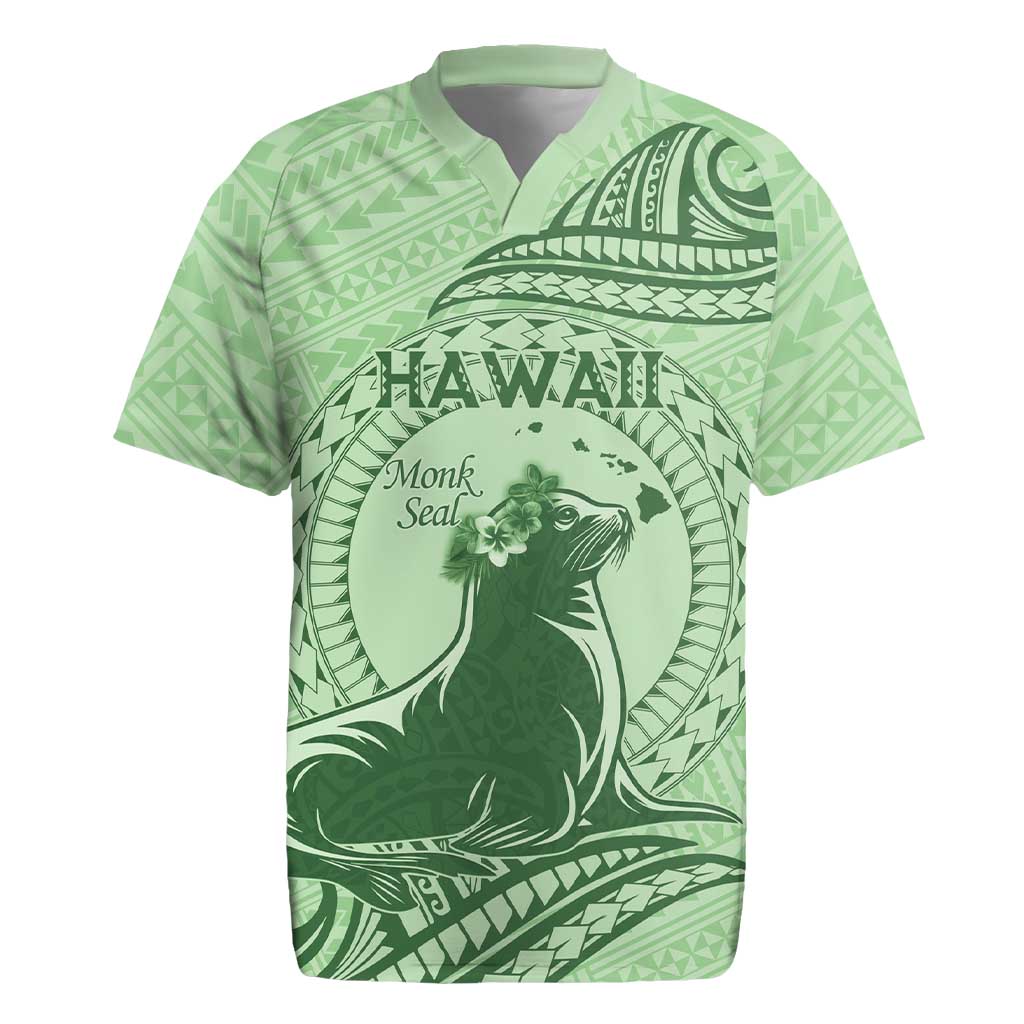 Personalised Hawaii Monk Seal Rugby Jersey Polynesian Tattoo With Tropical Flowers - Green Pastel LT14 Green - Polynesian Pride