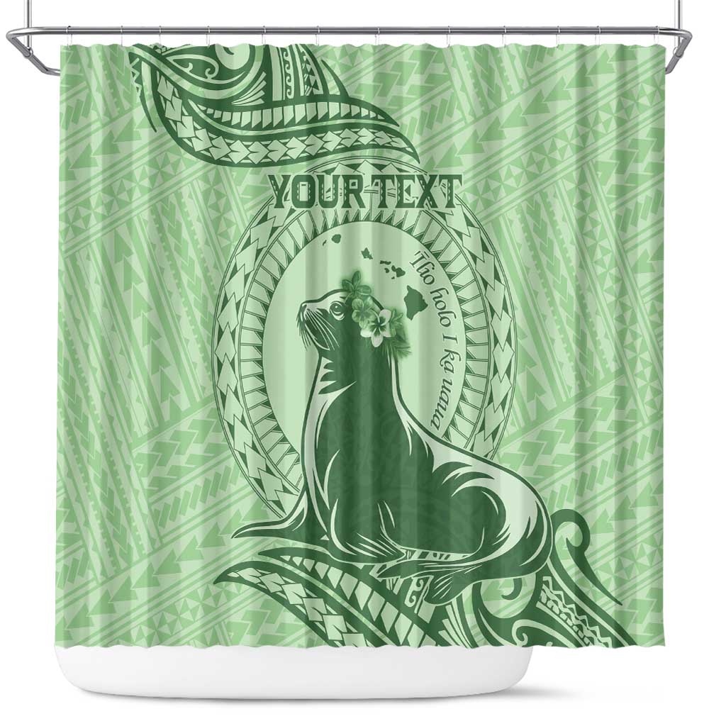 Personalised Hawaii Monk Seal Shower Curtain Polynesian Tattoo With Tropical Flowers - Green Pastel LT14 Green - Polynesian Pride