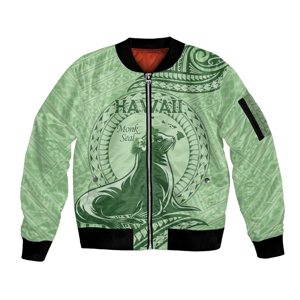 Personalised Hawaii Monk Seal Sleeve Zip Bomber Jacket Polynesian Tattoo With Tropical Flowers - Green Pastel LT14 Unisex Green - Polynesian Pride