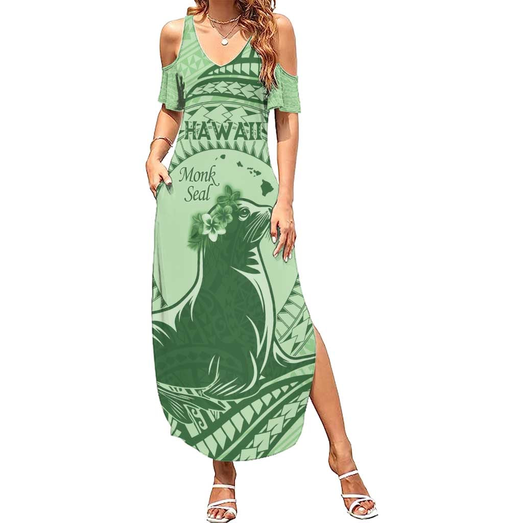 Personalised Hawaii Monk Seal Summer Maxi Dress Polynesian Tattoo With Tropical Flowers - Green Pastel LT14 Women Green - Polynesian Pride