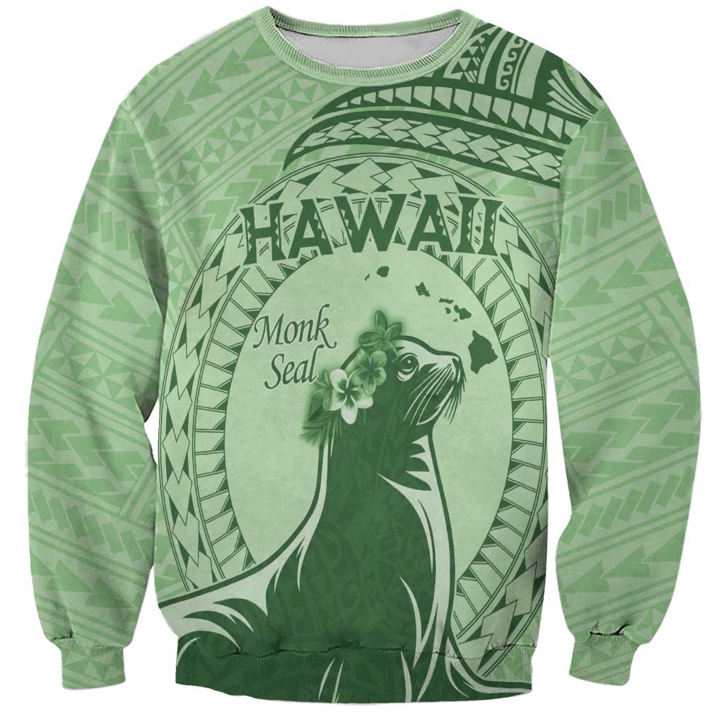 Personalised Hawaii Monk Seal Sweatshirt Polynesian Tattoo With Tropical Flowers - Green Pastel LT14 Unisex Green - Polynesian Pride