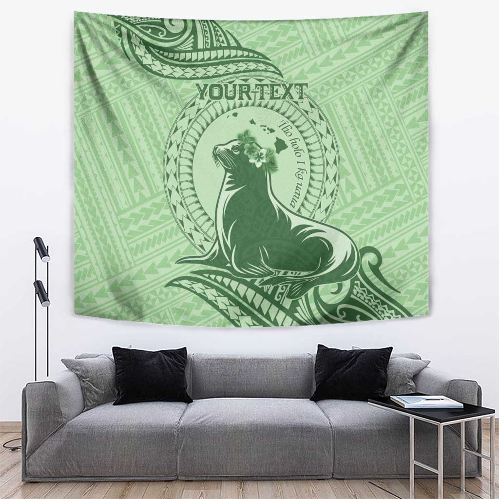 Personalised Hawaii Monk Seal Tapestry Polynesian Tattoo With Tropical Flowers - Green Pastel LT14 Green - Polynesian Pride