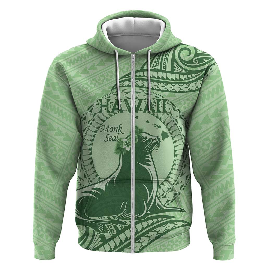 Personalised Hawaii Monk Seal Zip Hoodie Polynesian Tattoo With Tropical Flowers - Green Pastel LT14 Zip Hoodie Green - Polynesian Pride