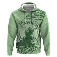 Personalised Hawaii Monk Seal Zip Hoodie Polynesian Tattoo With Tropical Flowers - Green Pastel LT14 Pullover Hoodie Green - Polynesian Pride