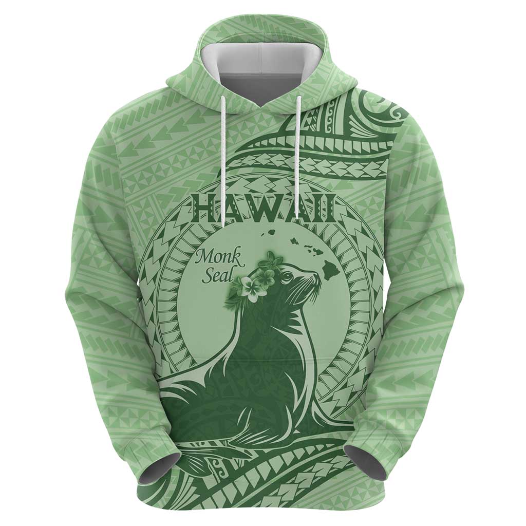 Personalised Hawaii Monk Seal Zip Hoodie Polynesian Tattoo With Tropical Flowers - Green Pastel LT14 - Polynesian Pride