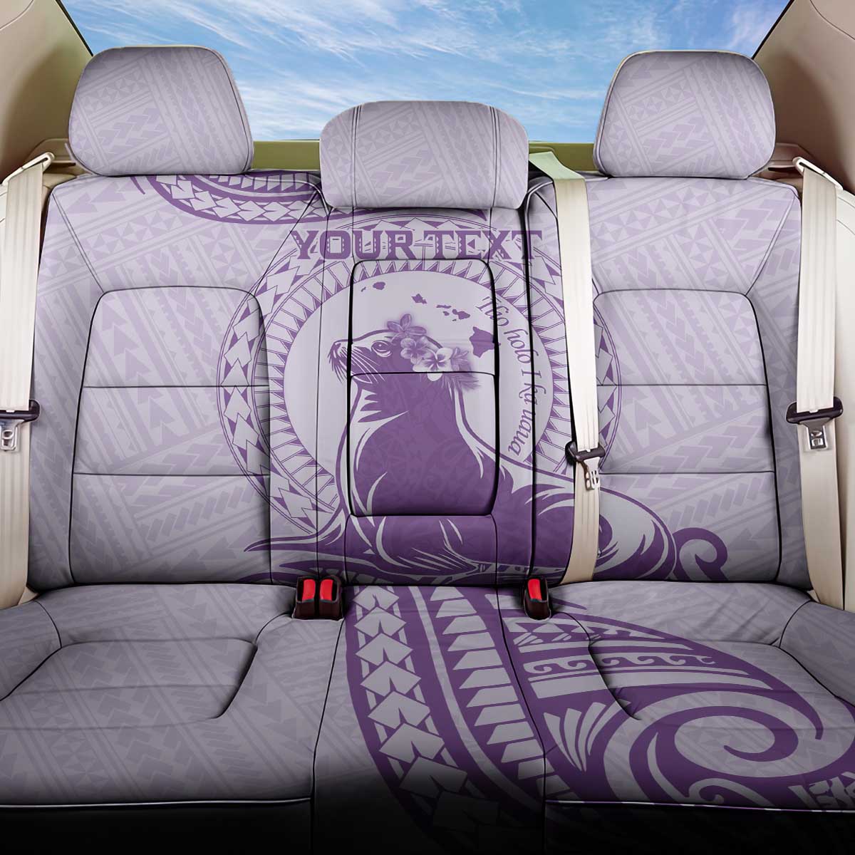 Personalised Hawaii Monk Seal Back Car Seat Cover Polynesian Tattoo With Tropical Flowers - Purple Pastel LT14 One Size Purple - Polynesian Pride