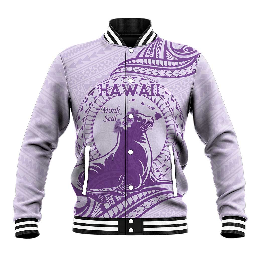 Personalised Hawaii Monk Seal Baseball Jacket Polynesian Tattoo With Tropical Flowers - Purple Pastel LT14 Unisex Purple - Polynesian Pride