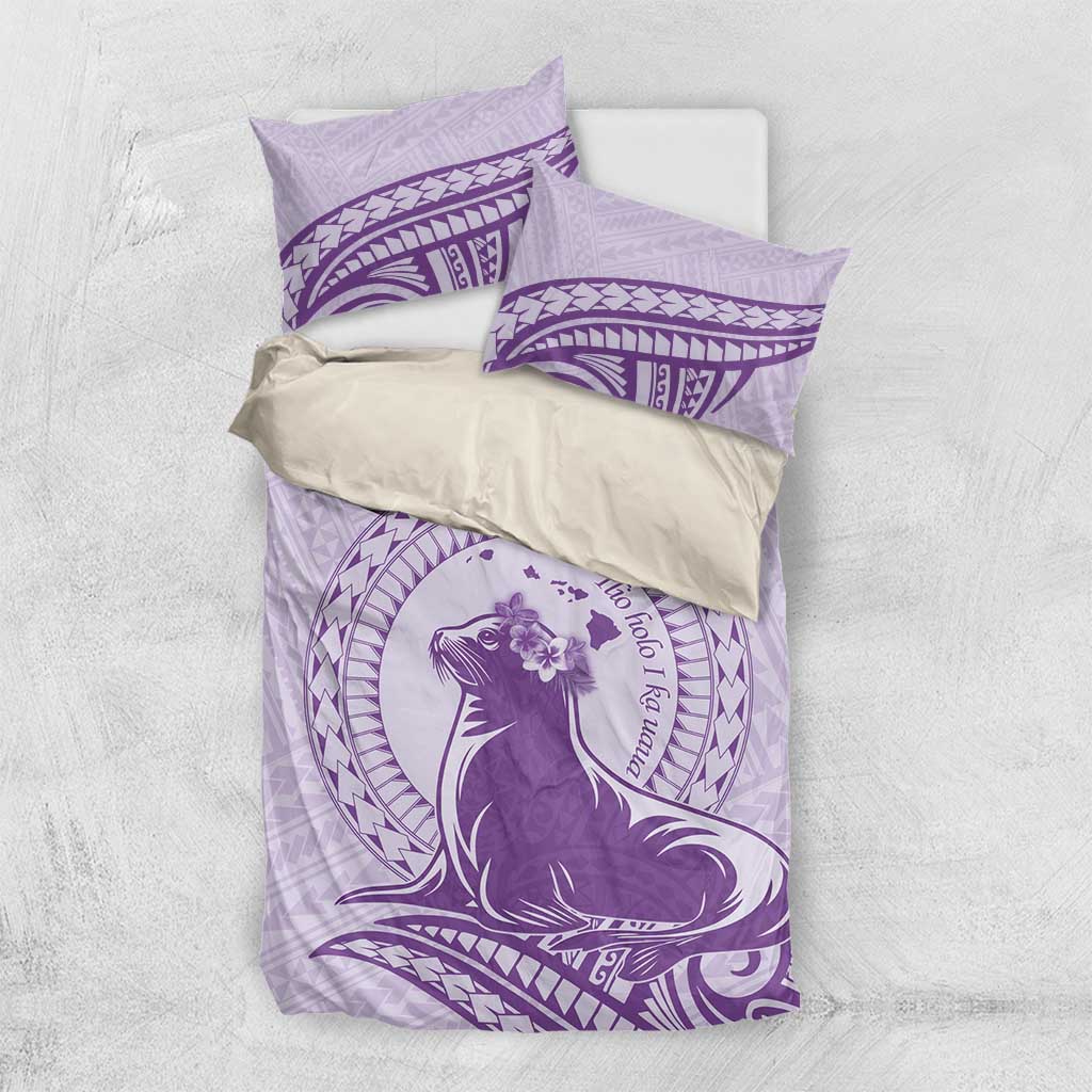Personalised Hawaii Monk Seal Bedding Set Polynesian Tattoo With Tropical Flowers - Purple Pastel LT14 US Twin 172cm x 218cm Purple - Polynesian Pride