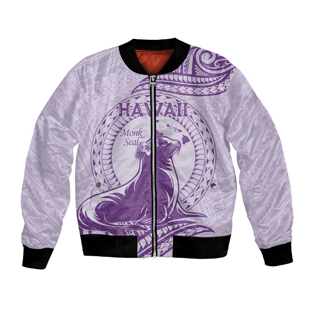 Personalised Hawaii Monk Seal Bomber Jacket Polynesian Tattoo With Tropical Flowers - Purple Pastel LT14 Unisex Purple - Polynesian Pride