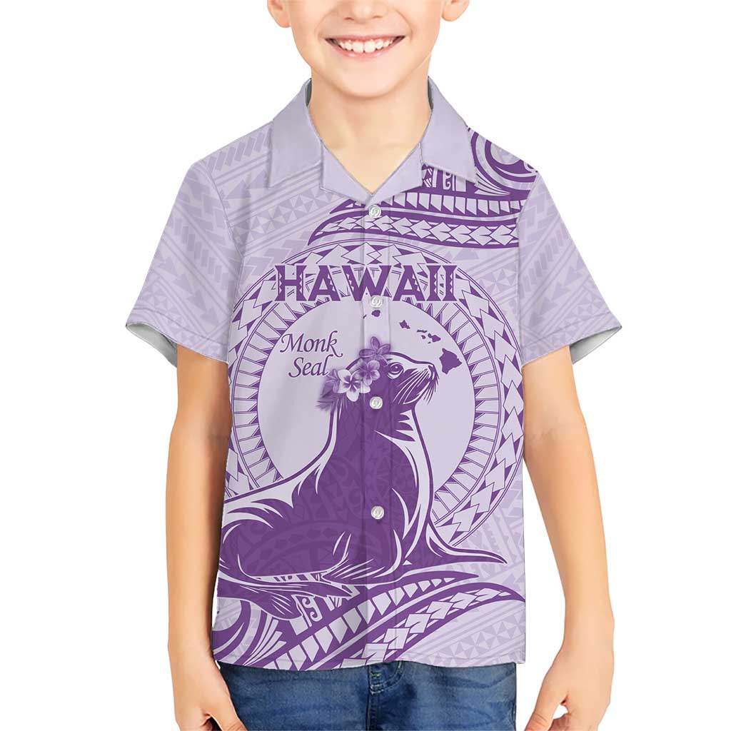 Personalised Hawaii Monk Seal Kid Hawaiian Shirt Polynesian Tattoo With Tropical Flowers - Purple Pastel LT14 Kid Purple - Polynesian Pride