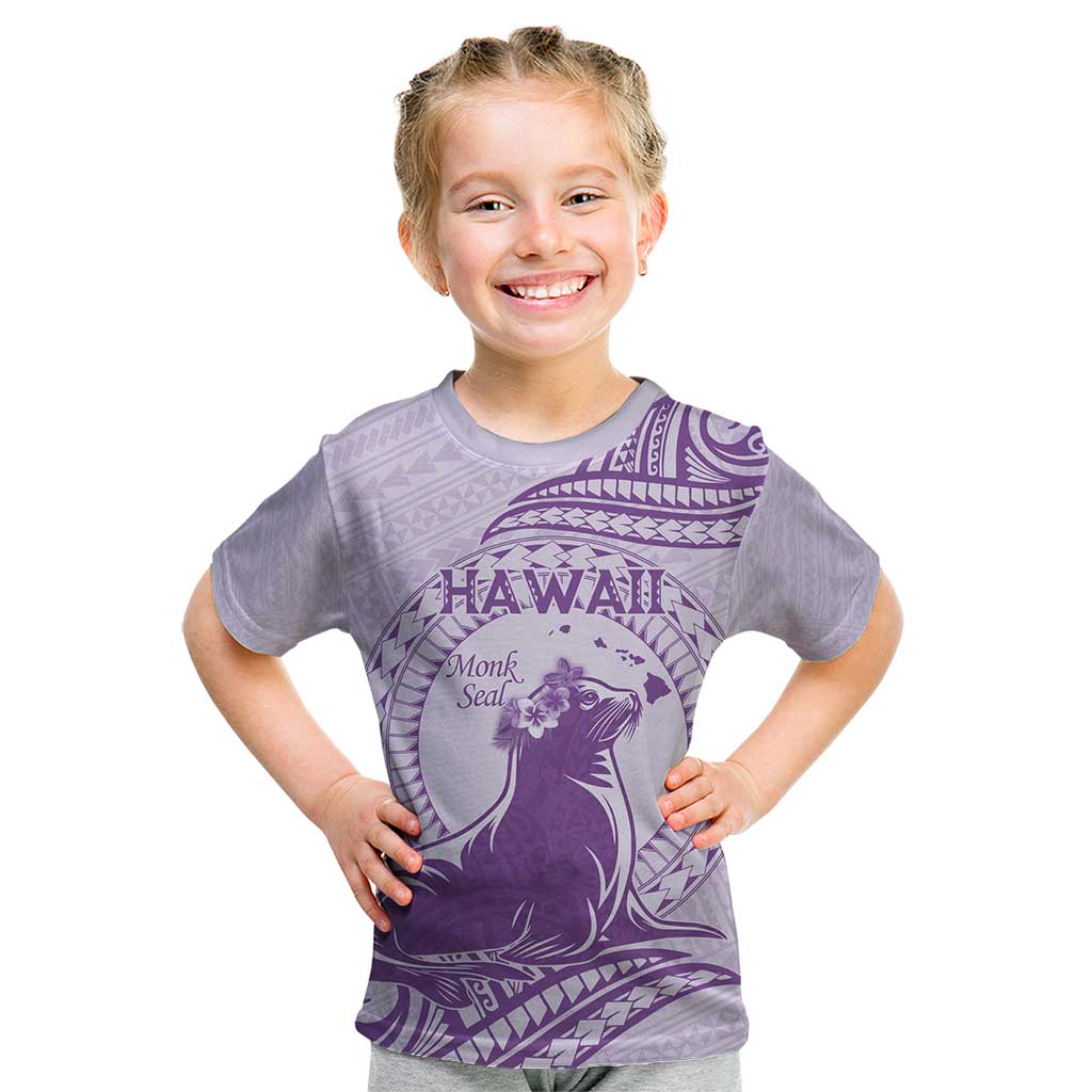 Personalised Hawaii Monk Seal Kid T Shirt Polynesian Tattoo With Tropical Flowers - Purple Pastel LT14 Purple - Polynesian Pride