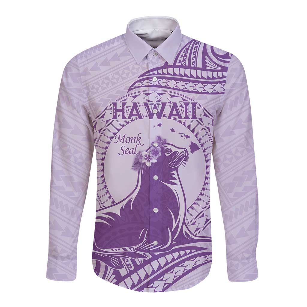 Personalised Hawaii Monk Seal Long Sleeve Button Shirt Polynesian Tattoo With Tropical Flowers - Purple Pastel LT14 Unisex Purple - Polynesian Pride