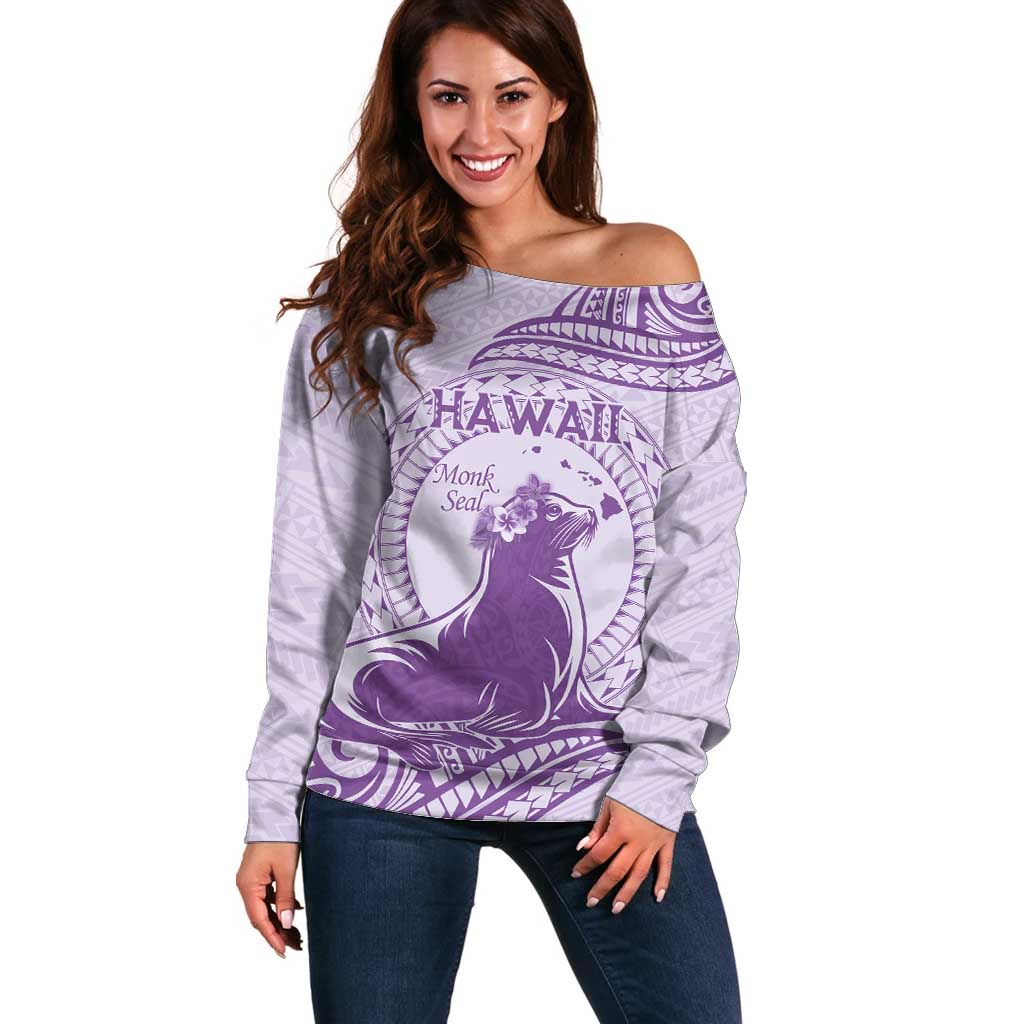 Personalised Hawaii Monk Seal Off Shoulder Sweater Polynesian Tattoo With Tropical Flowers - Purple Pastel LT14 Women Purple - Polynesian Pride