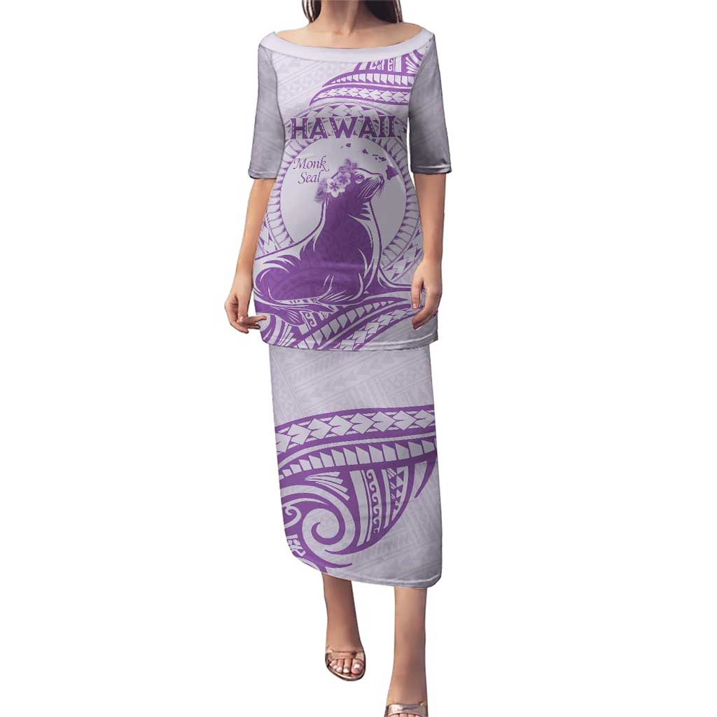 Personalised Hawaii Monk Seal Puletasi Polynesian Tattoo With Tropical Flowers - Purple Pastel LT14 Long Dress Purple - Polynesian Pride