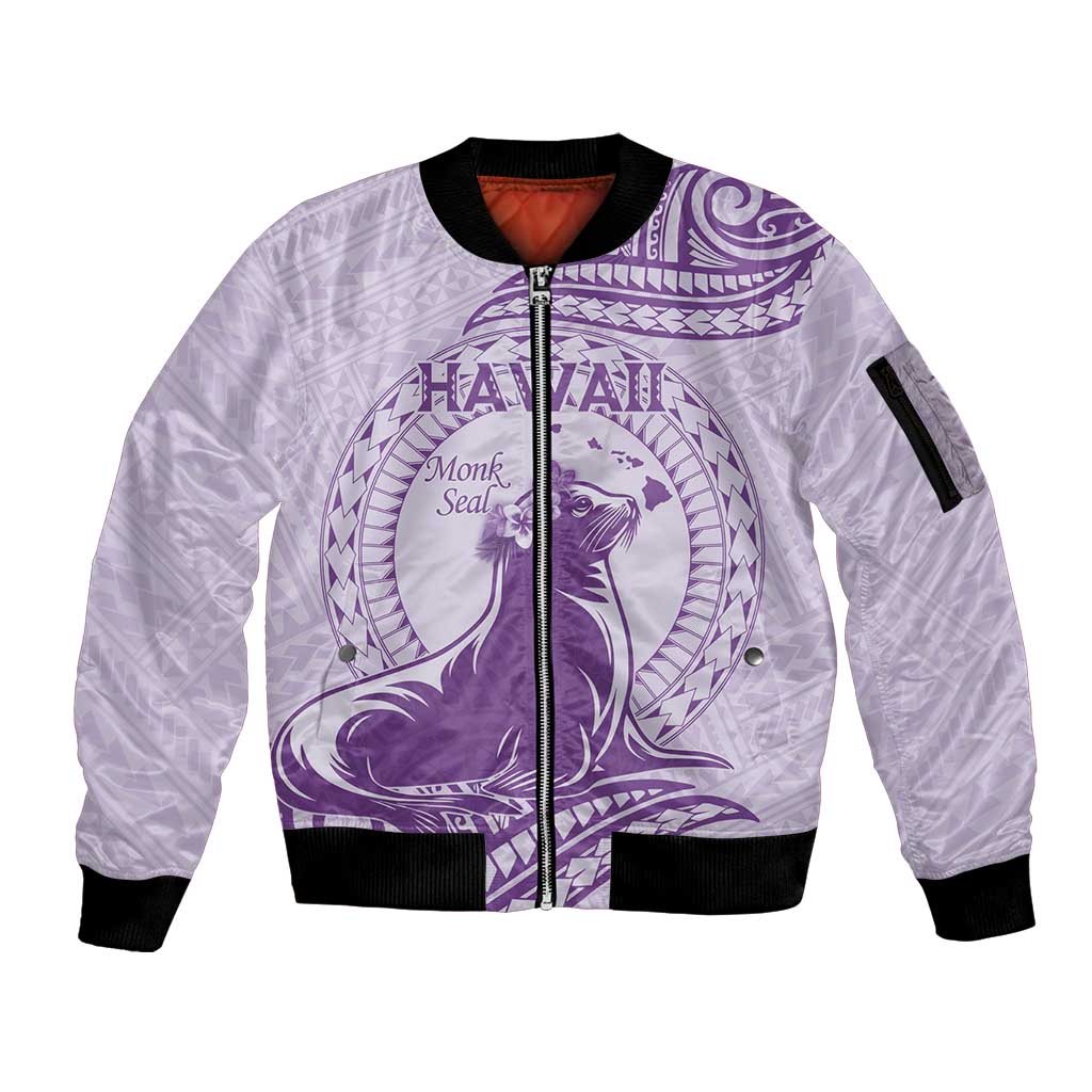 Personalised Hawaii Monk Seal Sleeve Zip Bomber Jacket Polynesian Tattoo With Tropical Flowers - Purple Pastel LT14 Unisex Purple - Polynesian Pride
