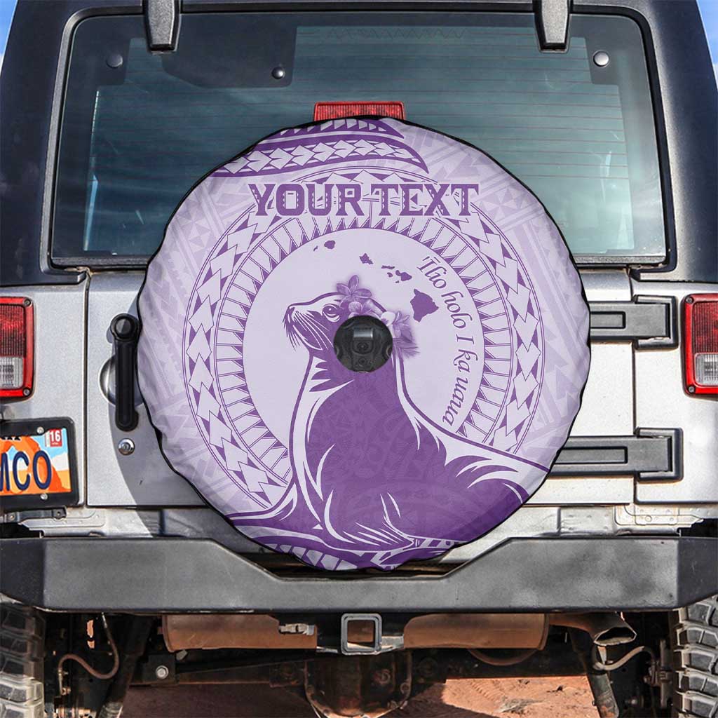 Personalised Hawaii Monk Seal Spare Tire Cover Polynesian Tattoo With Tropical Flowers - Purple Pastel