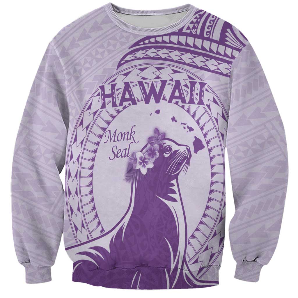 Personalised Hawaii Monk Seal Sweatshirt Polynesian Tattoo With Tropical Flowers - Purple Pastel LT14 Unisex Purple - Polynesian Pride