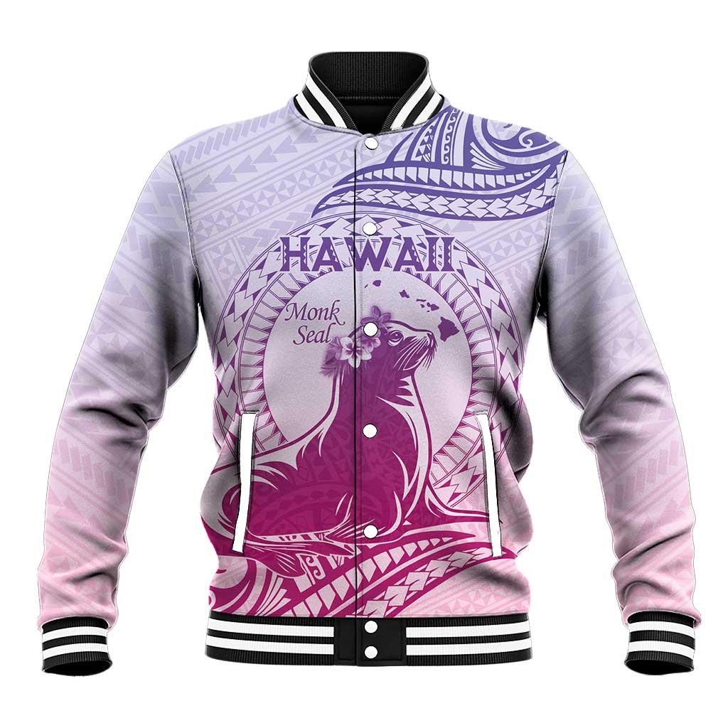 Personalised Hawaii Monk Seal Baseball Jacket Polynesian Tattoo With Tropical Flowers - Purple Gradient LT14 Unisex Purple - Polynesian Pride