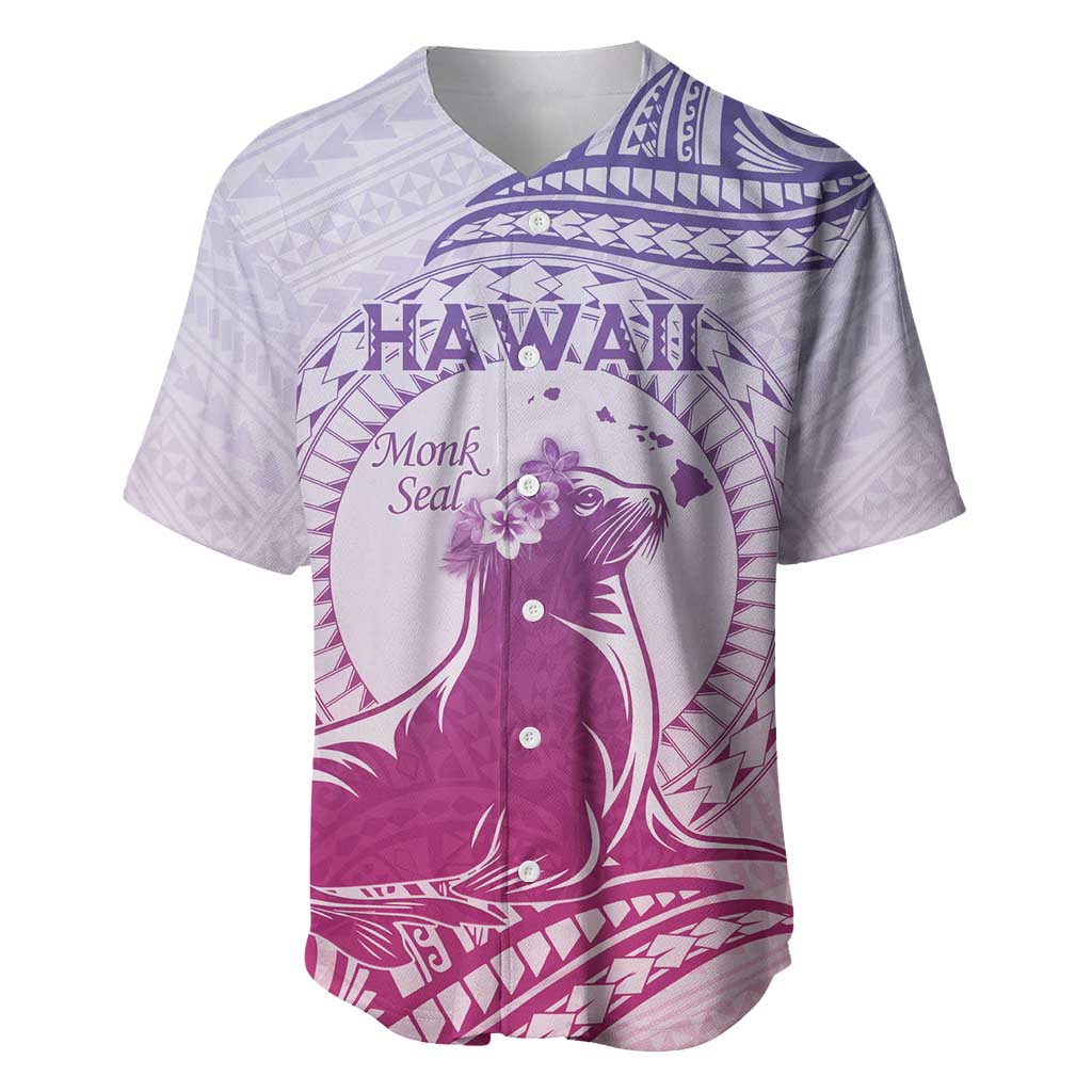 Personalised Hawaii Monk Seal Baseball Jersey Polynesian Tattoo With Tropical Flowers - Purple Gradient LT14 Purple - Polynesian Pride