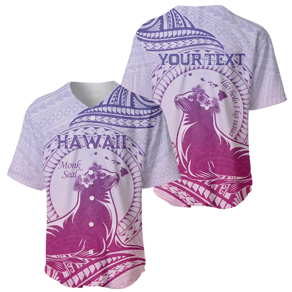 Personalised Hawaii Monk Seal Baseball Jersey Polynesian Tattoo With Tropical Flowers - Purple Gradient LT14 - Polynesian Pride