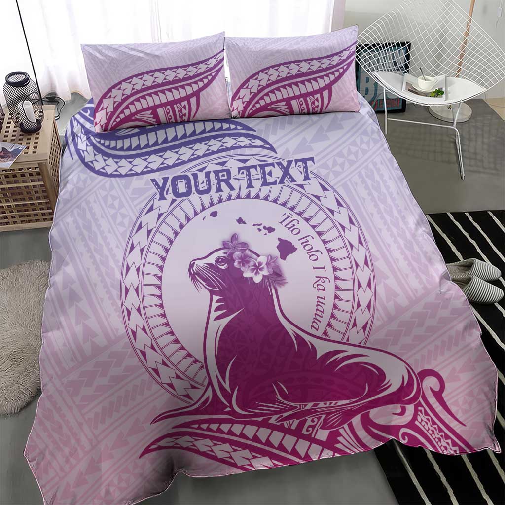 Personalised Hawaii Monk Seal Bedding Set Polynesian Tattoo With Tropical Flowers - Purple Gradient LT14 - Polynesian Pride