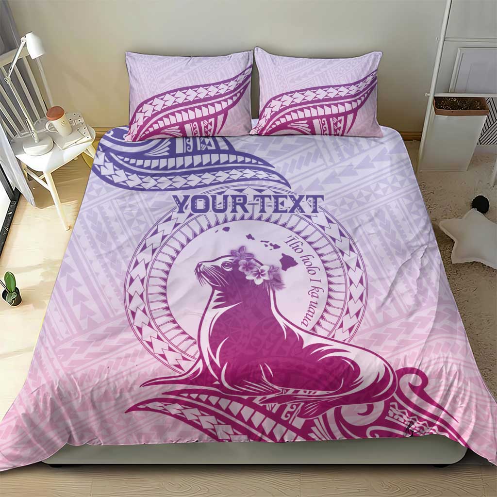 Personalised Hawaii Monk Seal Bedding Set Polynesian Tattoo With Tropical Flowers - Purple Gradient LT14 - Polynesian Pride