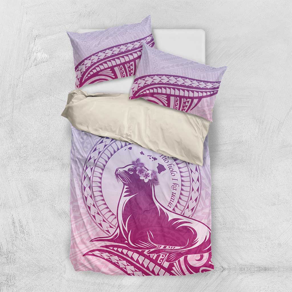 Personalised Hawaii Monk Seal Bedding Set Polynesian Tattoo With Tropical Flowers - Purple Gradient LT14 US Twin 172cm x 218cm Purple - Polynesian Pride