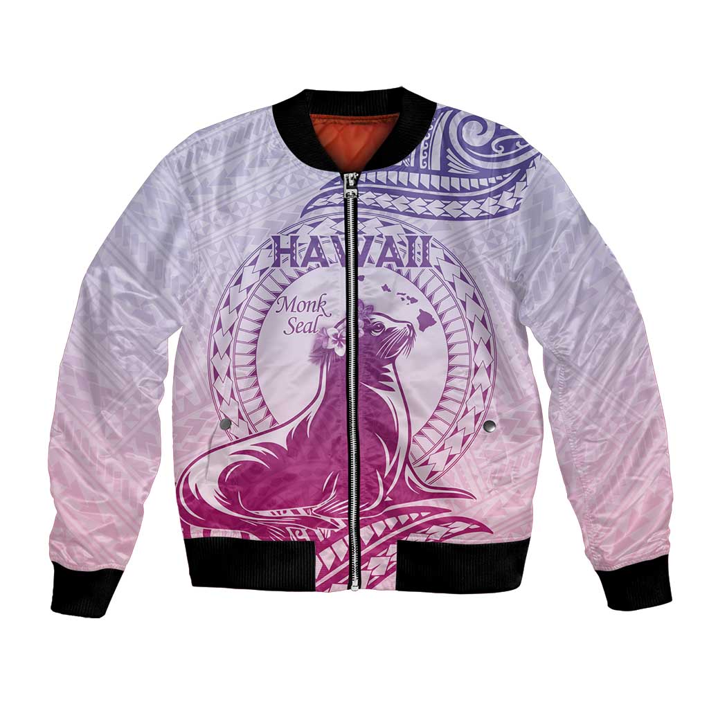 Personalised Hawaii Monk Seal Bomber Jacket Polynesian Tattoo With Tropical Flowers - Purple Gradient LT14 Unisex Purple - Polynesian Pride
