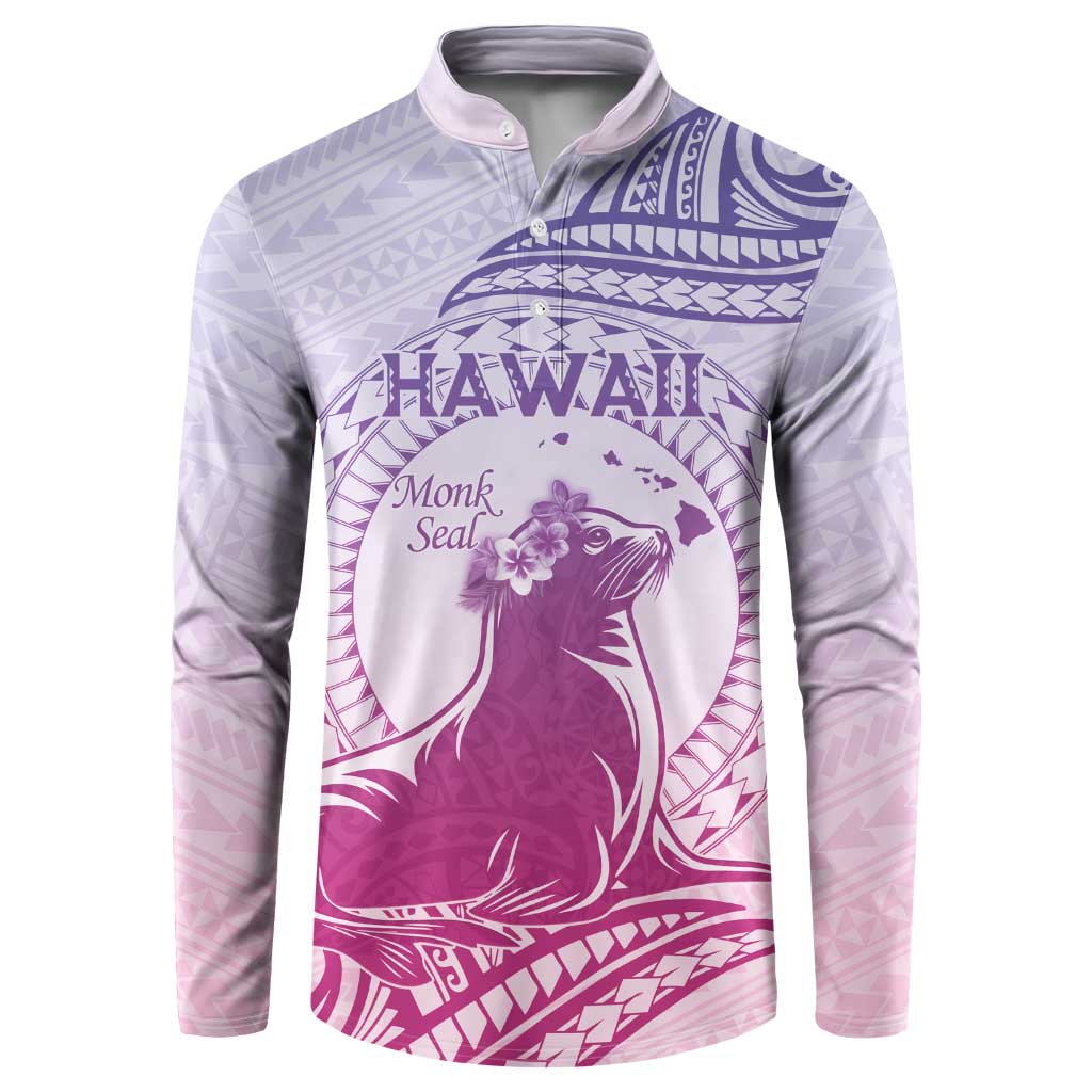 Personalised Hawaii Monk Seal Button Sweatshirt Polynesian Tattoo With Tropical Flowers - Purple Gradient LT14 Purple - Polynesian Pride