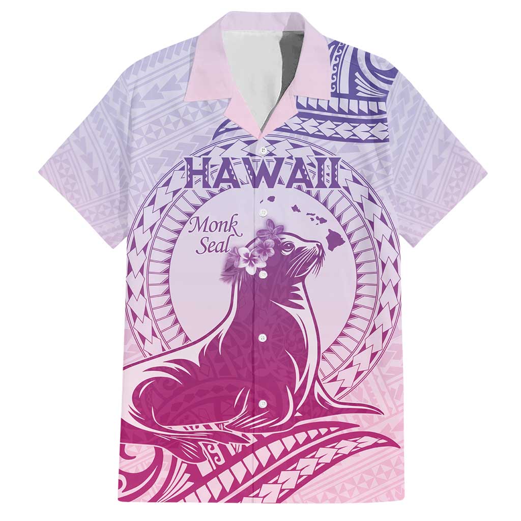 Personalised Hawaii Monk Seal Hawaiian Shirt Polynesian Tattoo With Tropical Flowers - Purple Gradient LT14 Purple - Polynesian Pride