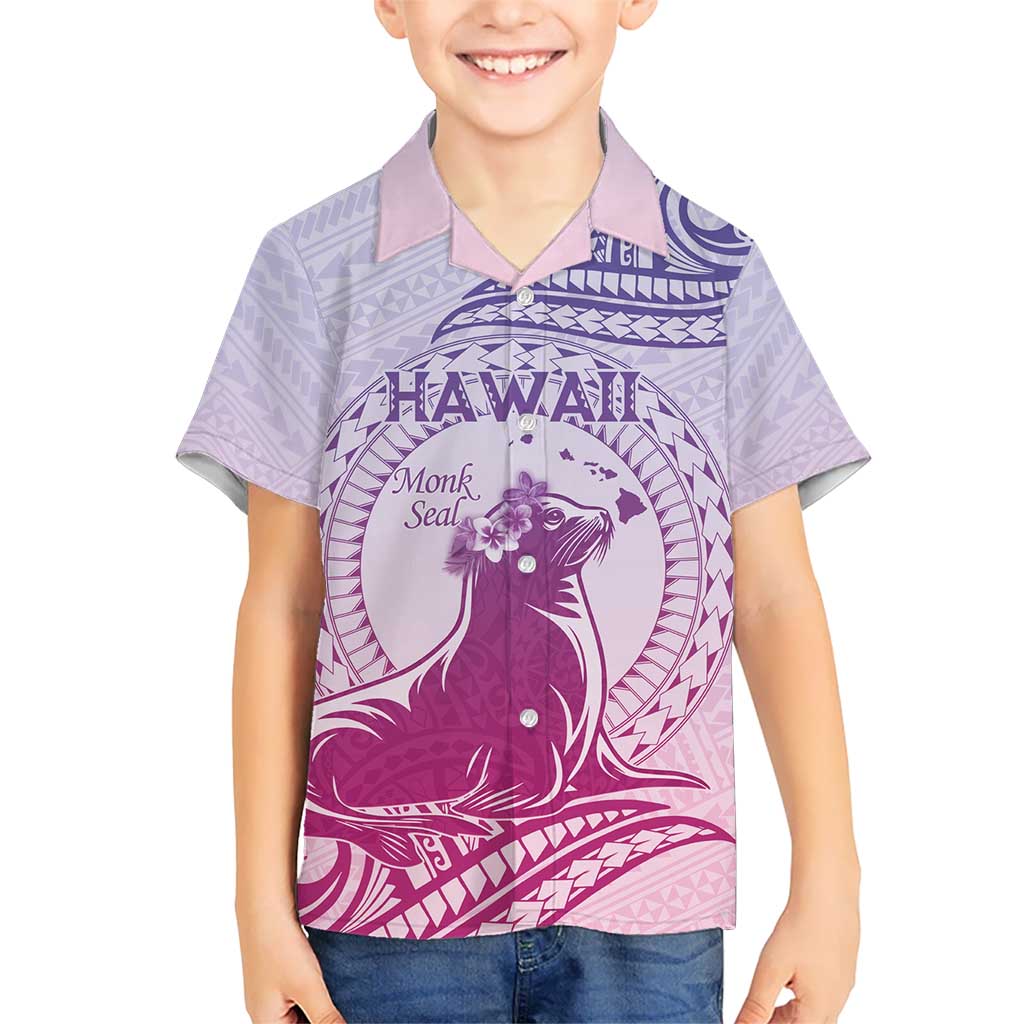 Personalised Hawaii Monk Seal Kid Hawaiian Shirt Polynesian Tattoo With Tropical Flowers - Purple Gradient LT14 Kid Purple - Polynesian Pride