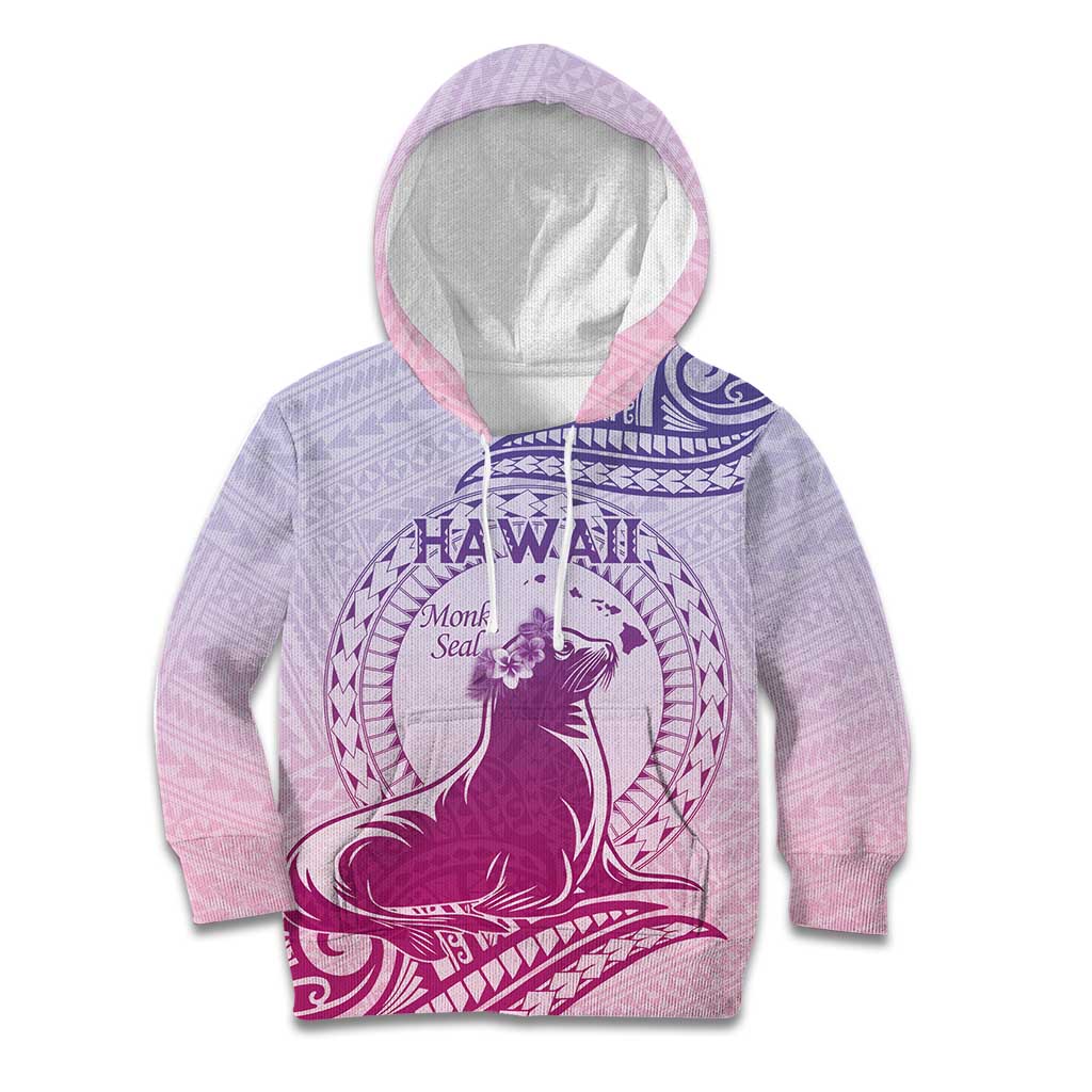 Personalised Hawaii Monk Seal Kid Hoodie Polynesian Tattoo With Tropical Flowers - Purple Gradient LT14 Hoodie Purple - Polynesian Pride