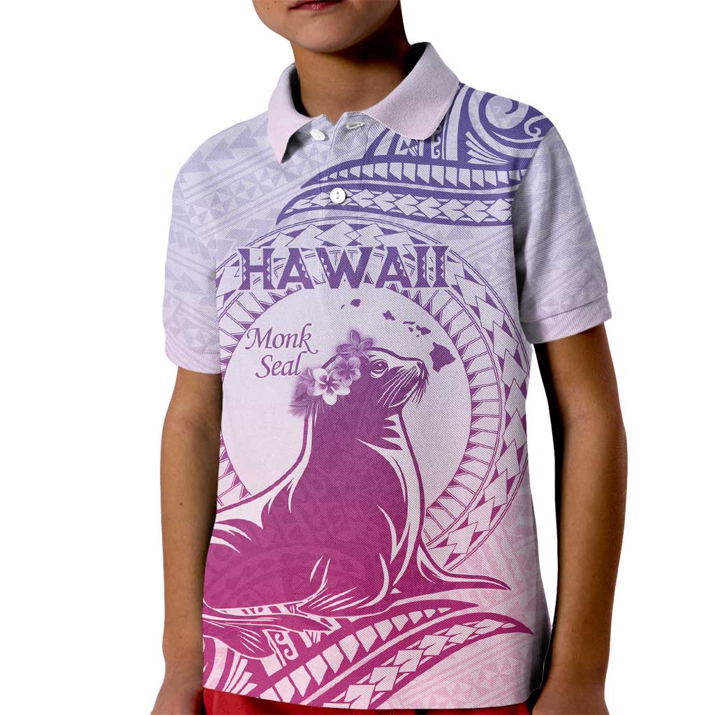 Personalised Hawaii Monk Seal Kid Polo Shirt Polynesian Tattoo With Tropical Flowers - Purple Gradient LT14 Kid Purple - Polynesian Pride