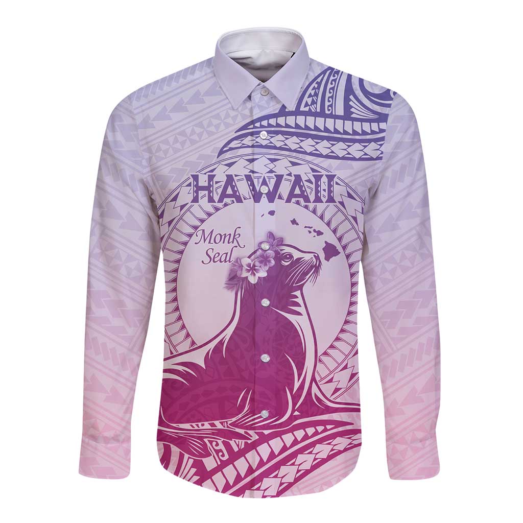 Personalised Hawaii Monk Seal Long Sleeve Button Shirt Polynesian Tattoo With Tropical Flowers - Purple Gradient LT14 Unisex Purple - Polynesian Pride