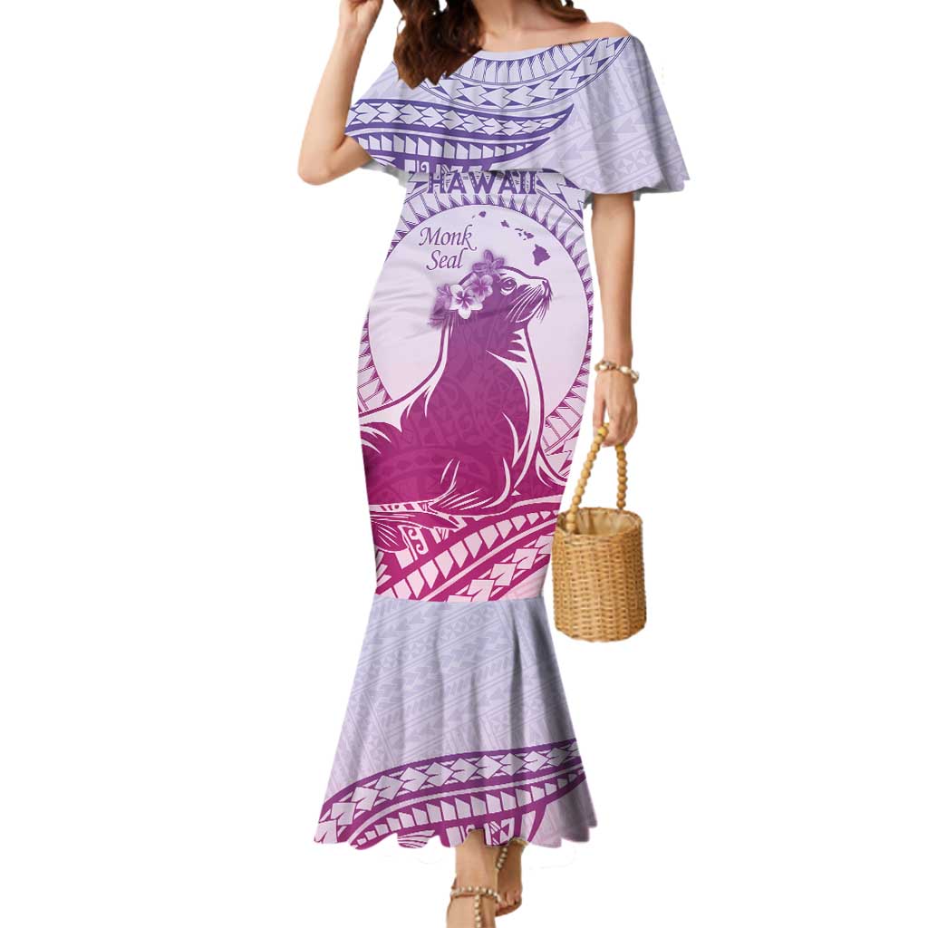 Personalised Hawaii Monk Seal Mermaid Dress Polynesian Tattoo With Tropical Flowers - Purple Gradient LT14 Women Purple - Polynesian Pride