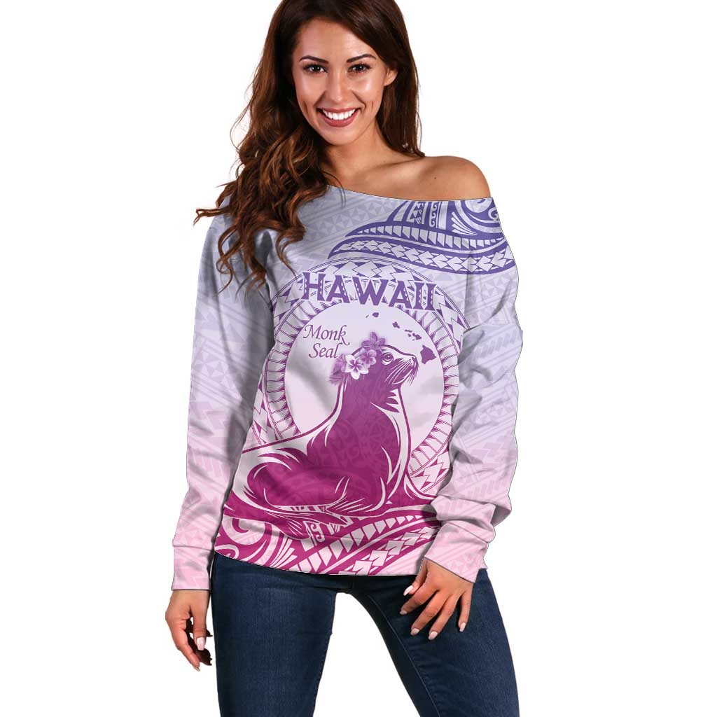 Personalised Hawaii Monk Seal Off Shoulder Sweater Polynesian Tattoo With Tropical Flowers - Purple Gradient LT14 Women Purple - Polynesian Pride