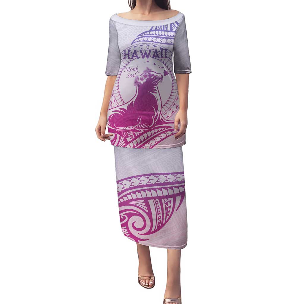 Personalised Hawaii Monk Seal Puletasi Polynesian Tattoo With Tropical Flowers - Purple Gradient LT14 Long Dress Purple - Polynesian Pride