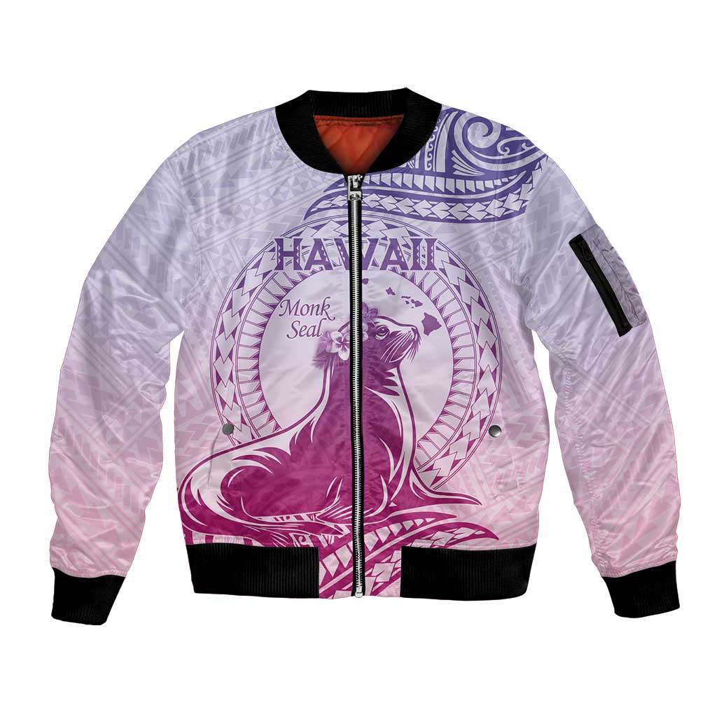 Personalised Hawaii Monk Seal Sleeve Zip Bomber Jacket Polynesian Tattoo With Tropical Flowers - Purple Gradient LT14 Unisex Purple - Polynesian Pride