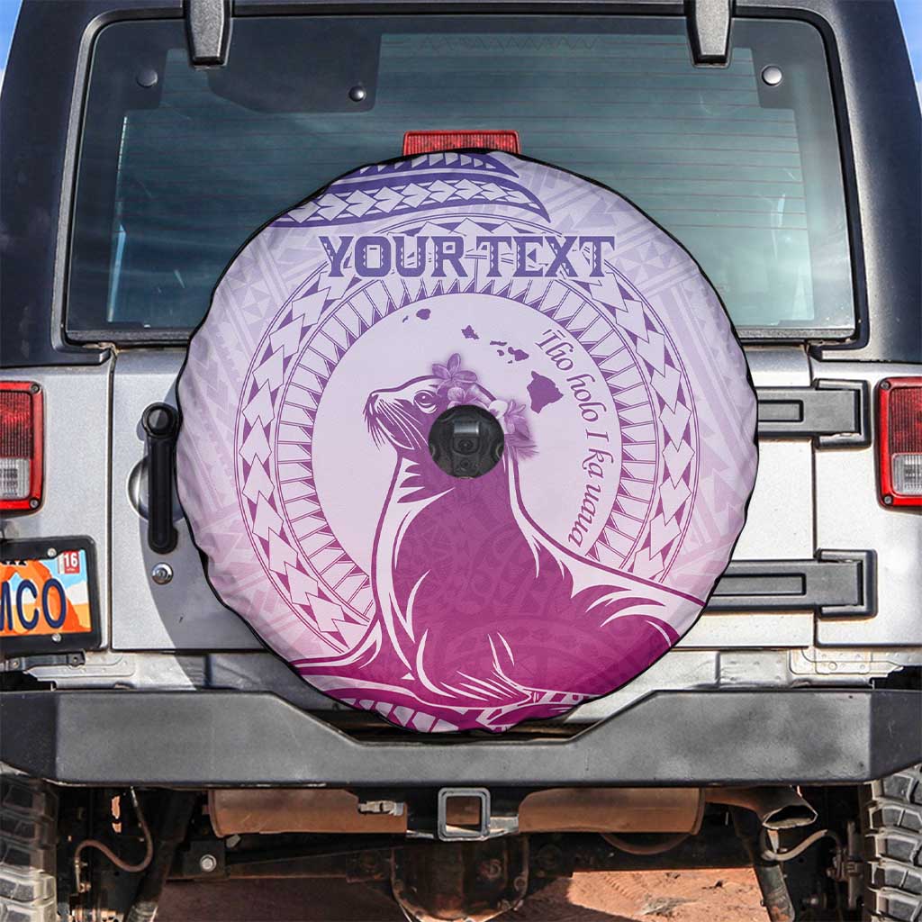 Personalised Hawaii Monk Seal Spare Tire Cover Polynesian Tattoo With Tropical Flowers - Purple Gradient