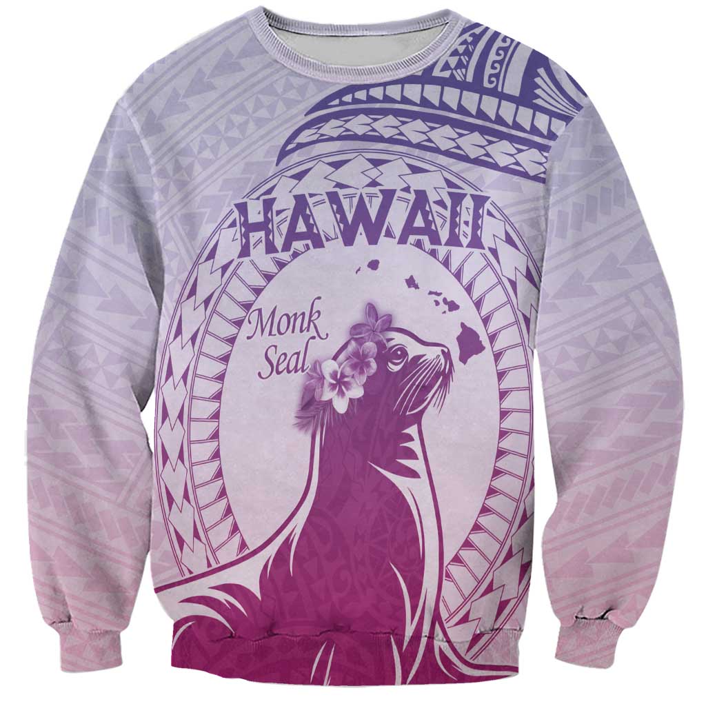 Personalised Hawaii Monk Seal Sweatshirt Polynesian Tattoo With Tropical Flowers - Purple Gradient LT14 Unisex Purple - Polynesian Pride