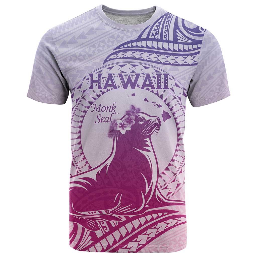 Personalised Hawaii Monk Seal T Shirt Polynesian Tattoo With Tropical Flowers - Purple Gradient LT14 Purple - Polynesian Pride