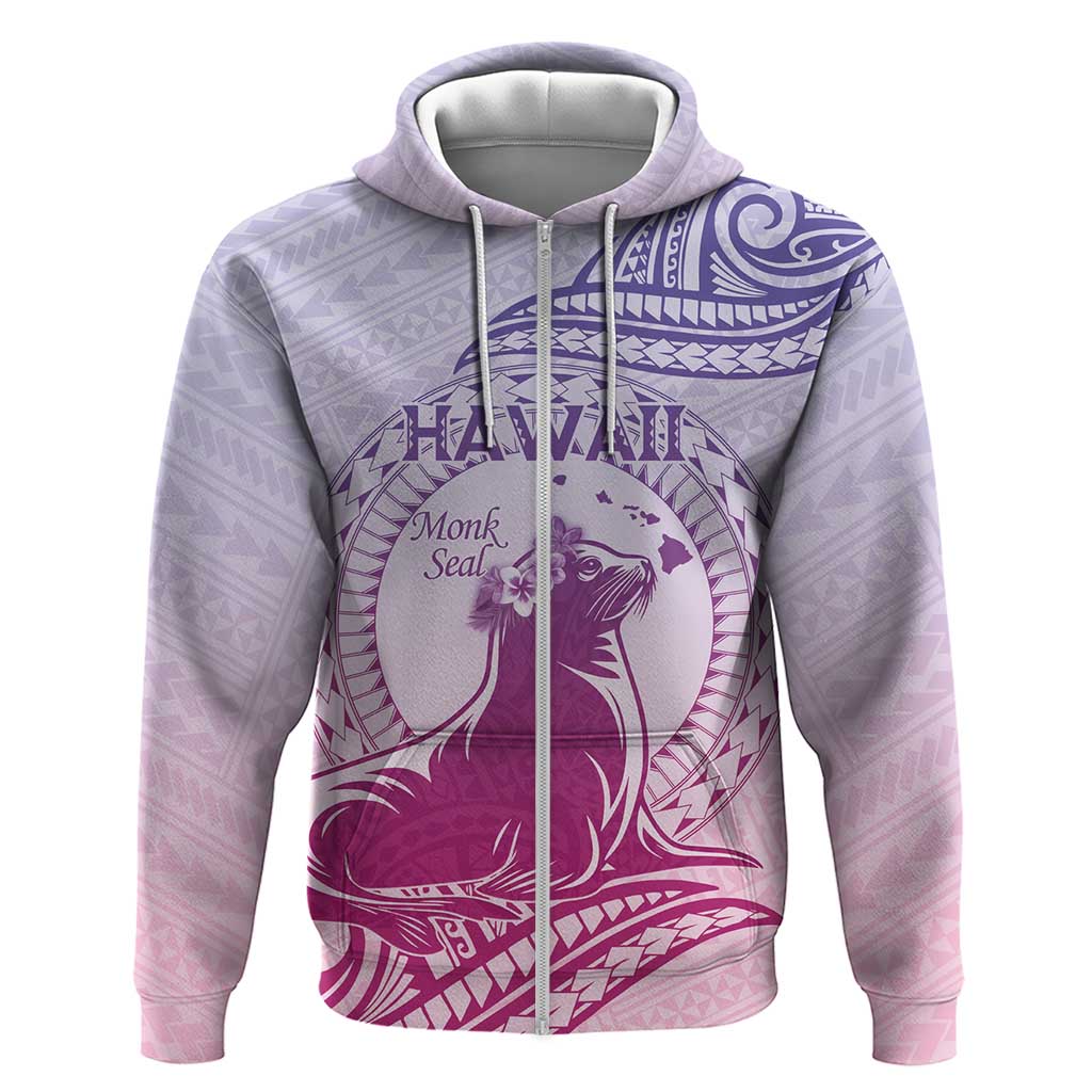 Personalised Hawaii Monk Seal Zip Hoodie Polynesian Tattoo With Tropical Flowers - Purple Gradient LT14 Zip Hoodie Purple - Polynesian Pride