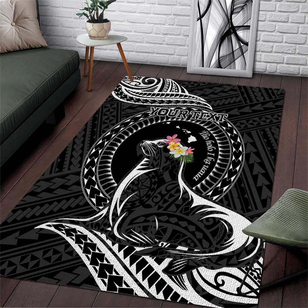 Personalised Hawaii Monk Seal Area Rug Polynesian Tattoo With Tropical Flowers - Black LT14 Black - Polynesian Pride