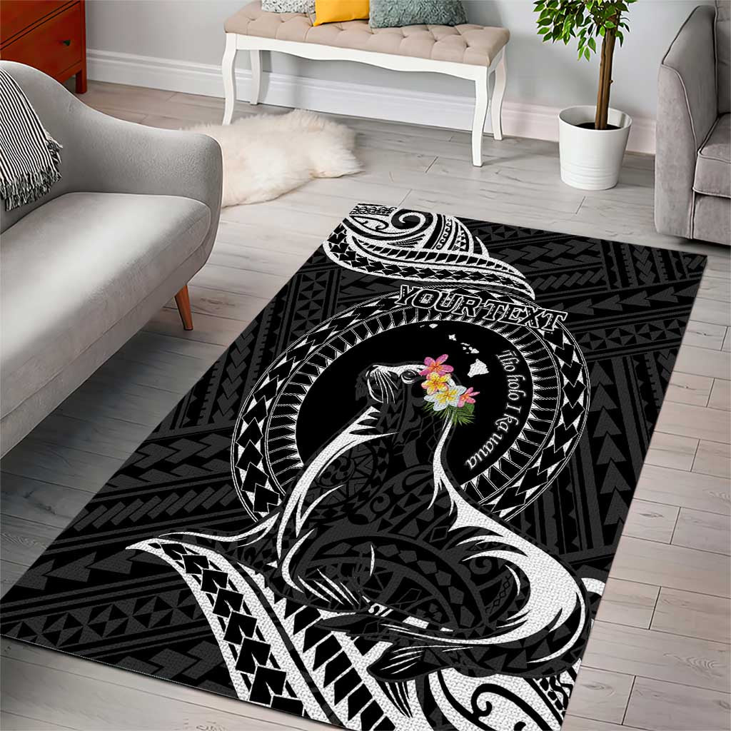 Personalised Hawaii Monk Seal Area Rug Polynesian Tattoo With Tropical Flowers - Black LT14 - Polynesian Pride