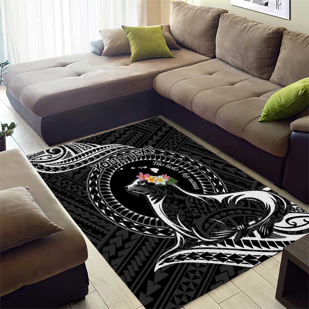 Personalised Hawaii Monk Seal Area Rug Polynesian Tattoo With Tropical Flowers - Black LT14 - Polynesian Pride
