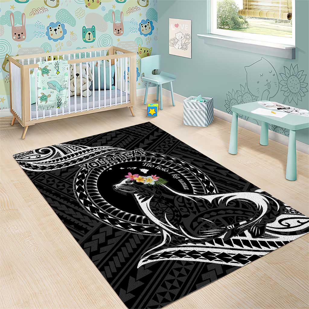 Personalised Hawaii Monk Seal Area Rug Polynesian Tattoo With Tropical Flowers - Black LT14 - Polynesian Pride