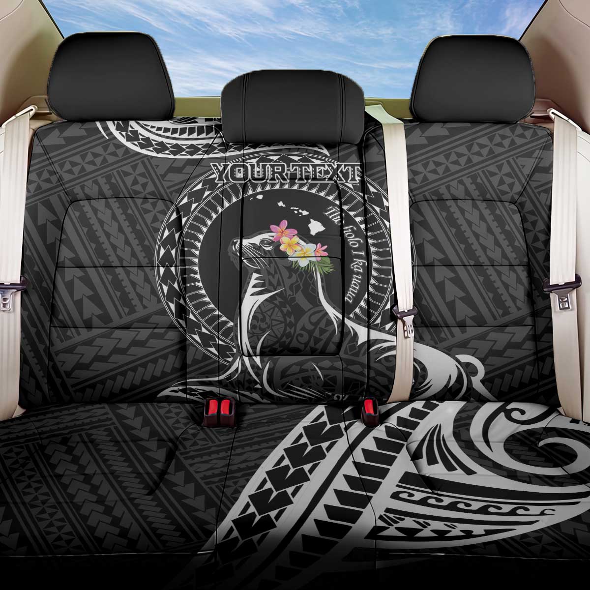 Personalised Hawaii Monk Seal Back Car Seat Cover Polynesian Tattoo With Tropical Flowers - Black LT14 One Size Black - Polynesian Pride