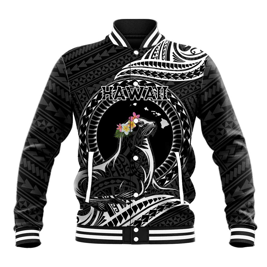 Personalised Hawaii Monk Seal Baseball Jacket Polynesian Tattoo With Tropical Flowers - Black LT14 Unisex Black - Polynesian Pride