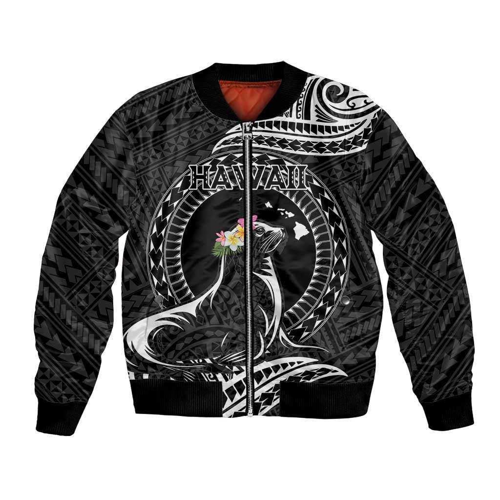 Personalised Hawaii Monk Seal Bomber Jacket Polynesian Tattoo With Tropical Flowers - Black LT14 Unisex Black - Polynesian Pride